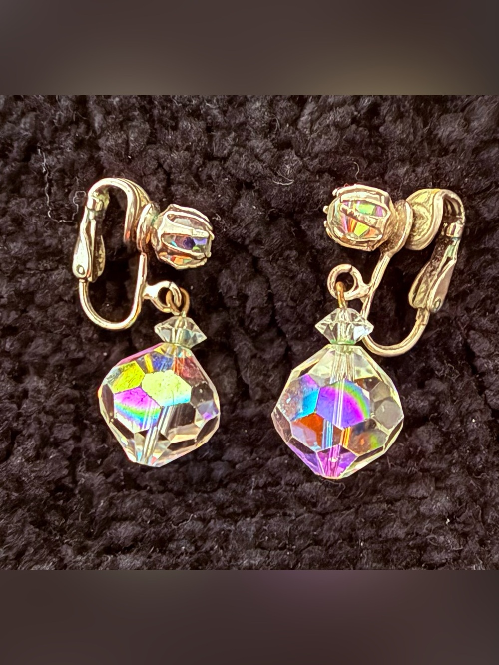 Vintage Signed Laguna Aurora Borealis Crystal Drop Clip-On Earrings Mid Century